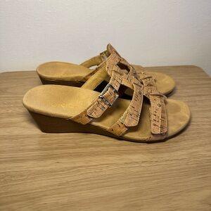 Vionic Cork Wedge Orthotic Open Toe Slip On Sandal with Three Adjustable Straps